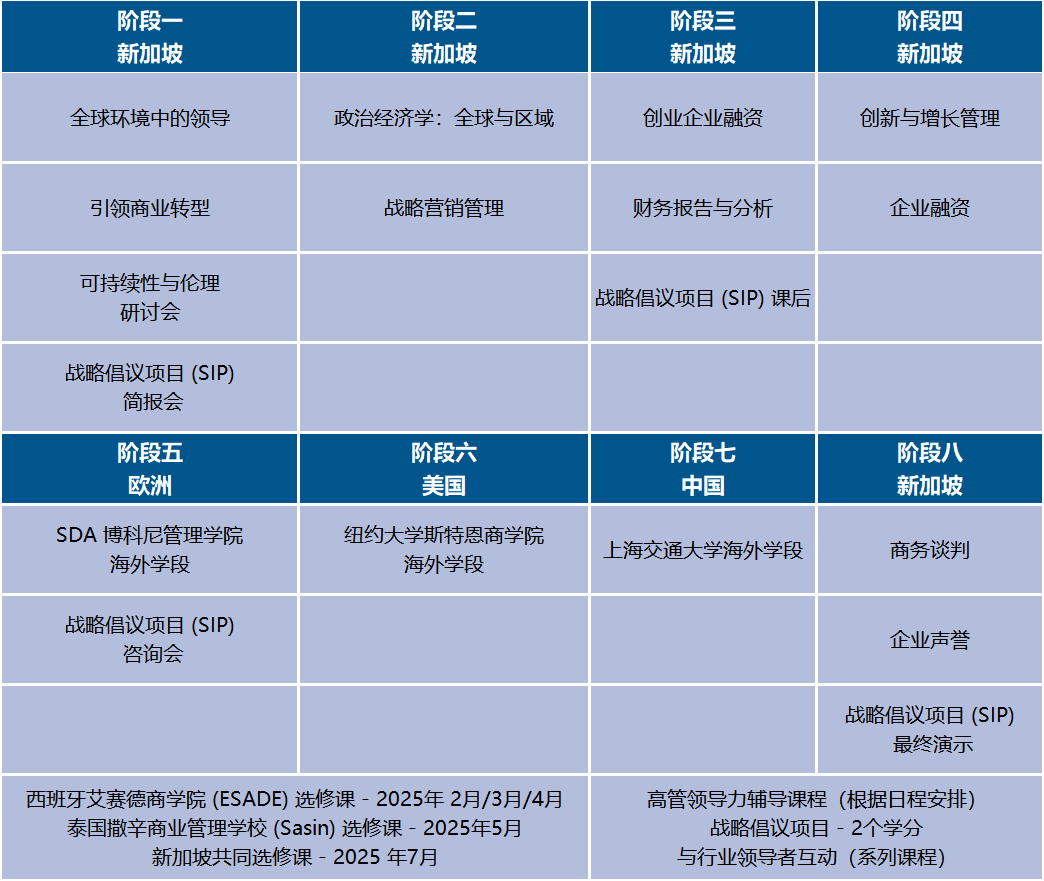 新加坡管理大学EMBA项目课程安排